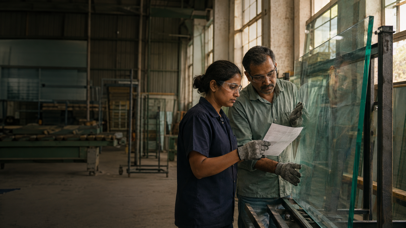 Illustrative concept artwork of two technicians checking a work order beside a glass pane.