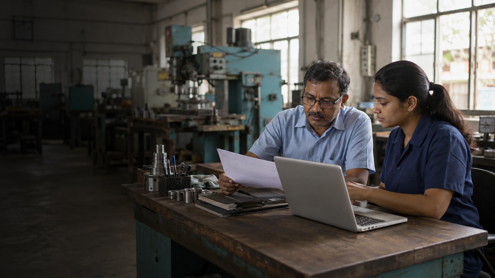 Illustrative workshop scene with two colleagues reviewing paper records and a laptop.